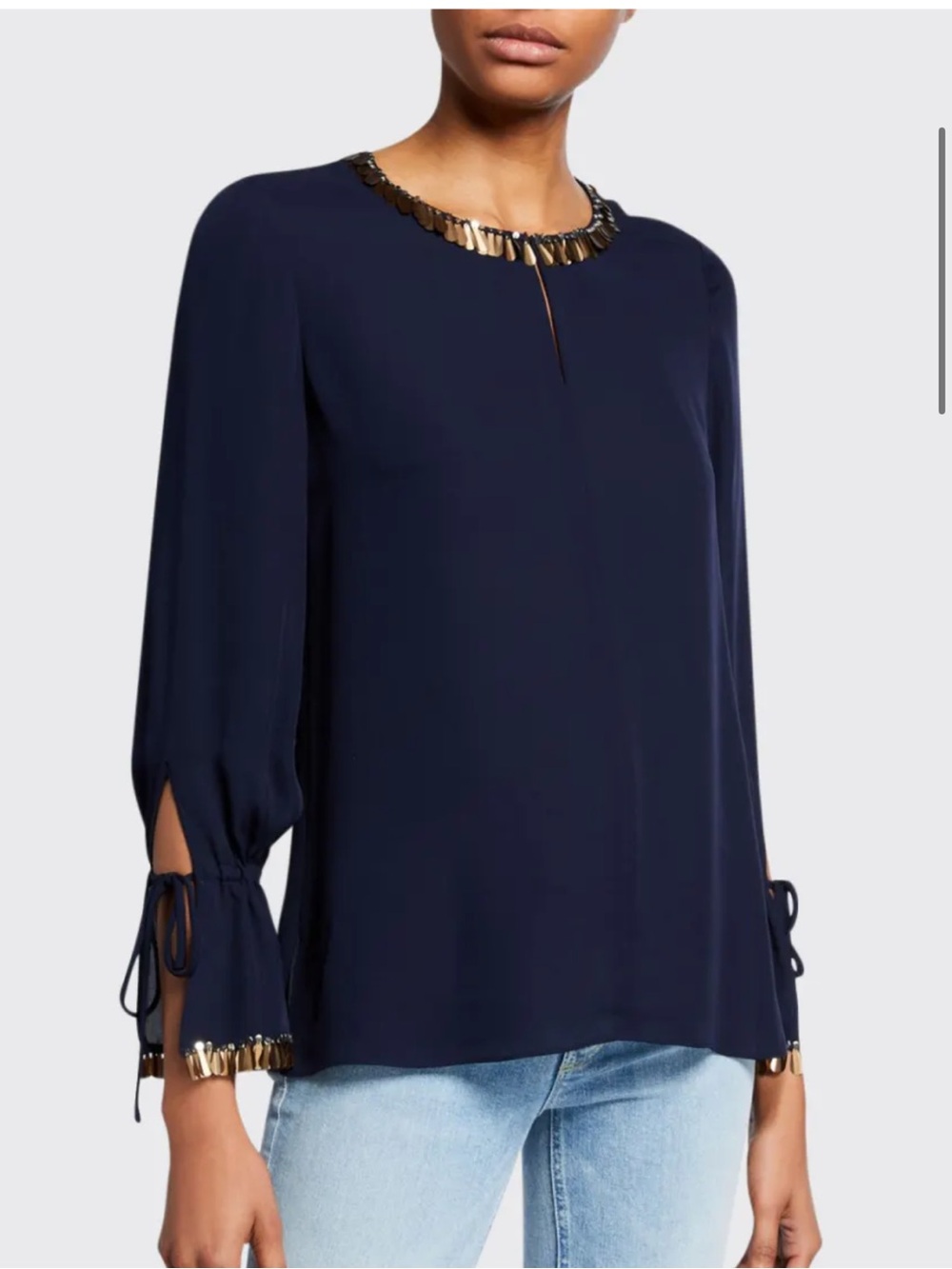 Juliette Embellished Silk Georgette navy blue embellished Blouse